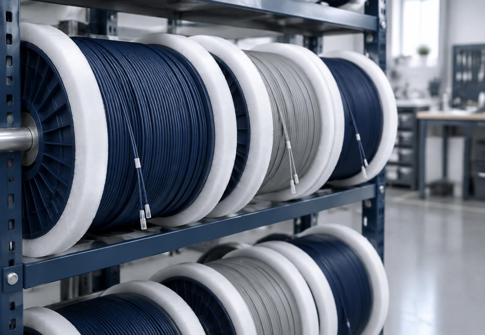 Refurbished fiber-optic spools racked in the PDS workshop